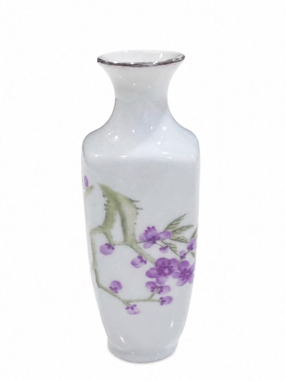 Vintage White Porcelain Small Bud Vase with Purple Floral Design